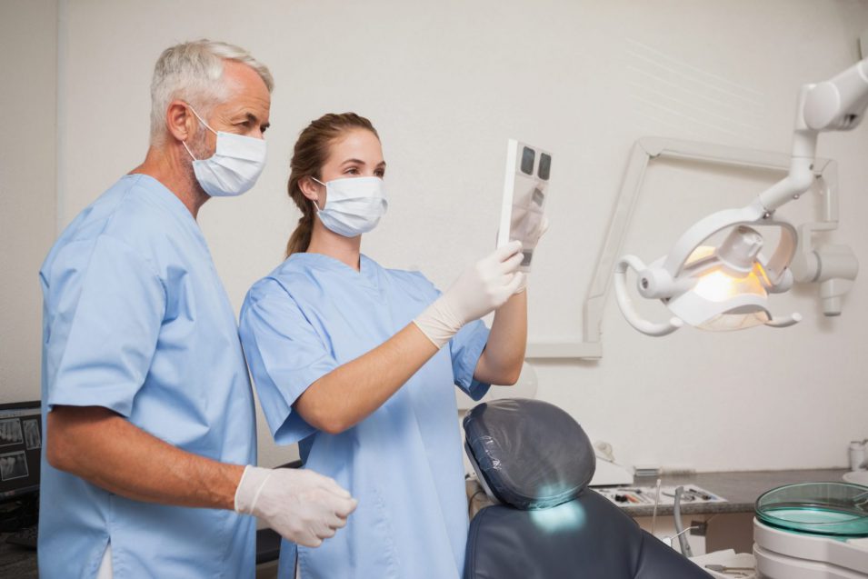 Dentist and assistant studying x-rays