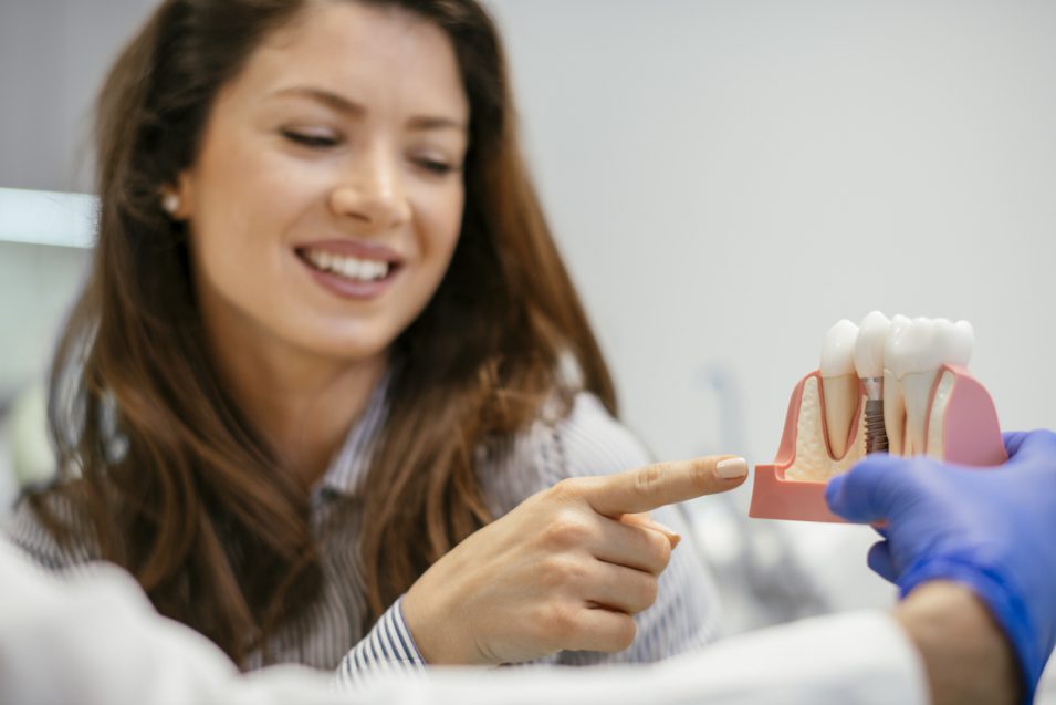 girl touching dental implants model in hamilton